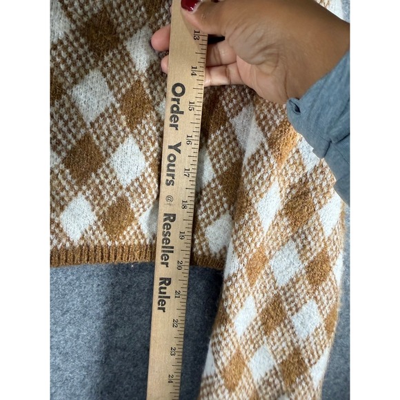 ZARA Argyle Cardigan Sweater Brown White Cropped Long Sleeve Knit Women's Large - Picture 6 of 8